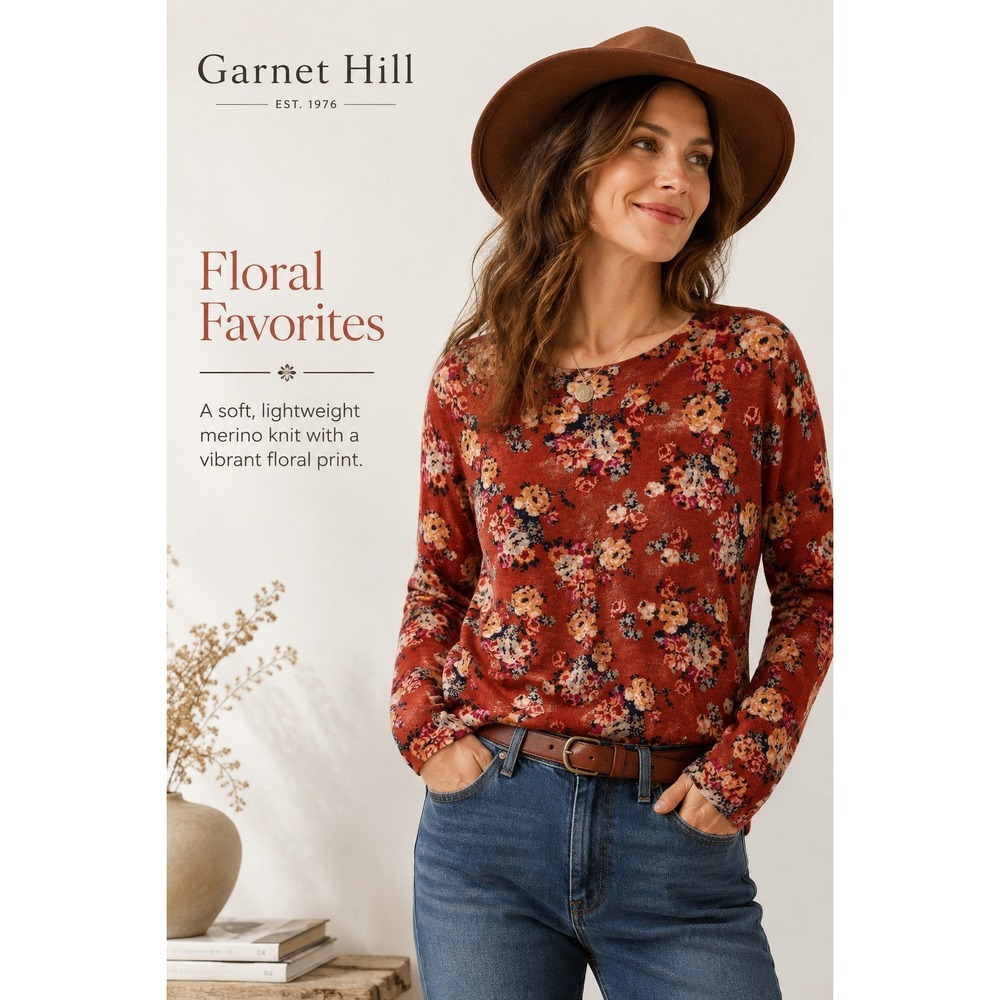Garnet‎ Hill Pullover Sweater Women Large Orange Floral 100% Merino Wool